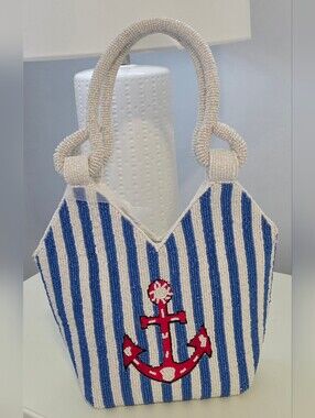 Handcrafted in India Beaded Blue & White Striped Nautical Anchor Purse New